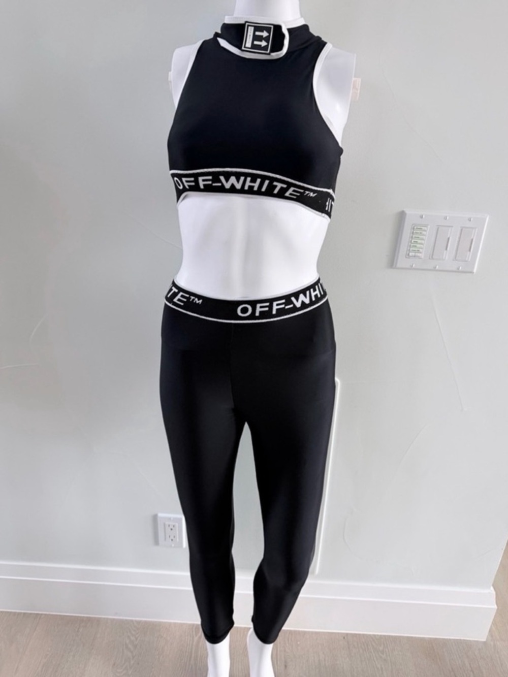 Off-White Black Ribbed Crop Halter with White Logo Trim and Leggins S no tags - Picture 6 of 12